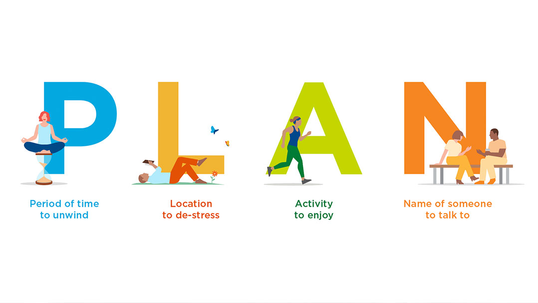 The word PLAN with illustrations of yoga, reading a book, exercise and talking